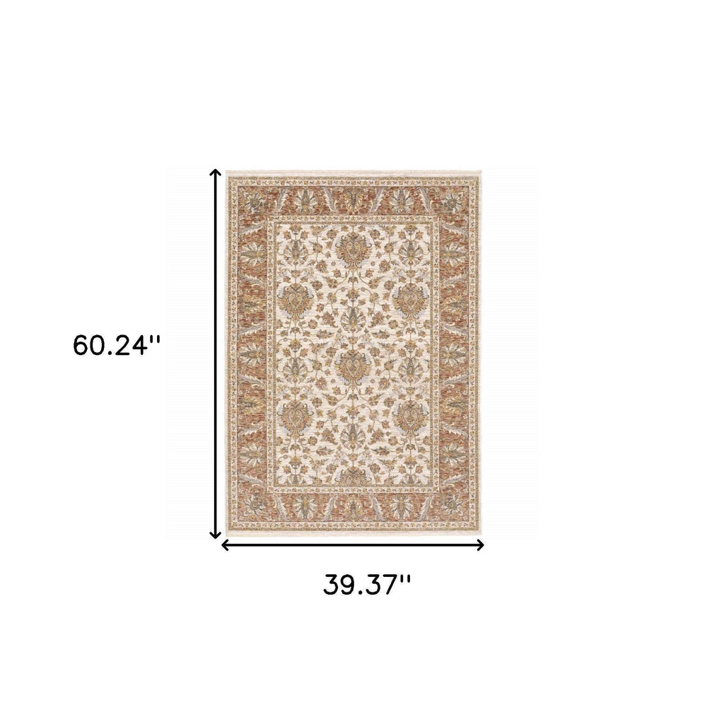3' X 5' Rust And Ivory Oriental Power Loom Stain Resistant Area Rug With Fringe - Homeroots - Flyclothing LLC