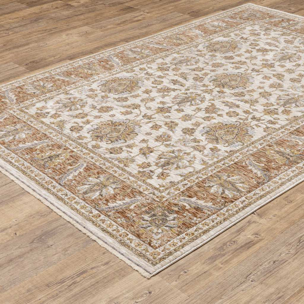 10' X 13' Rust And Ivory Oriental Power Loom Stain Resistant Area Rug With Fringe - Homeroots - Flyclothing LLC