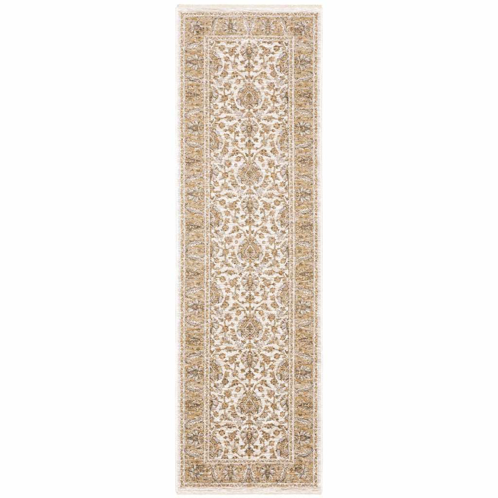 2' X 8' Ivory And Gold Oriental Power Loom Stain Resistant Runner Rug With Fringe - Homeroots - Flyclothing LLC