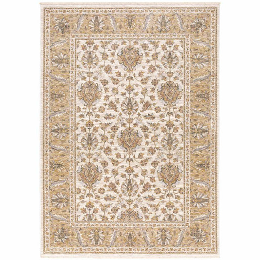 8' X 11' Ivory And Gold Oriental Power Loom Stain Resistant Area Rug With Fringe - Homeroots - Flyclothing LLC