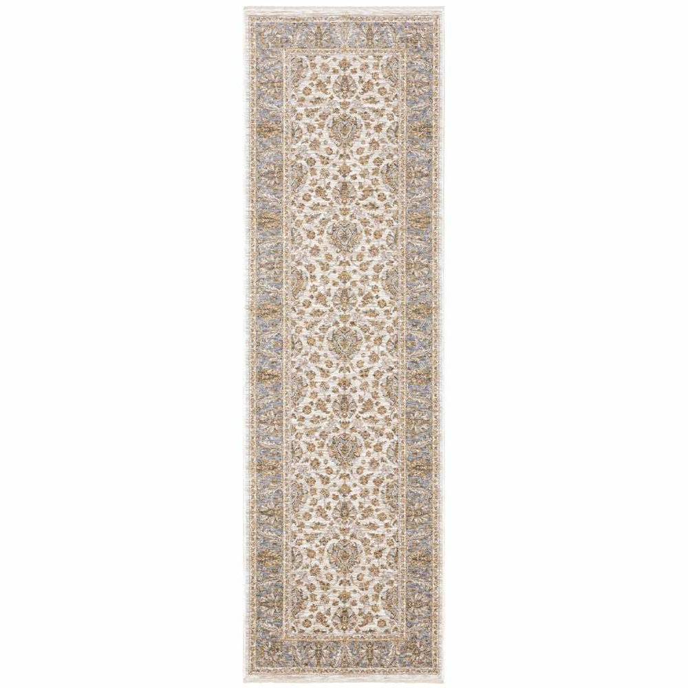 2' X 8' Ivory And Blue Oriental Power Loom Stain Resistant Runner Rug With Fringe - Homeroots - Flyclothing LLC