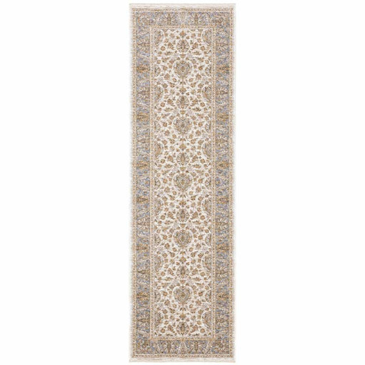 2' X 8' Ivory And Blue Oriental Power Loom Stain Resistant Runner Rug With Fringe - Homeroots - Flyclothing LLC