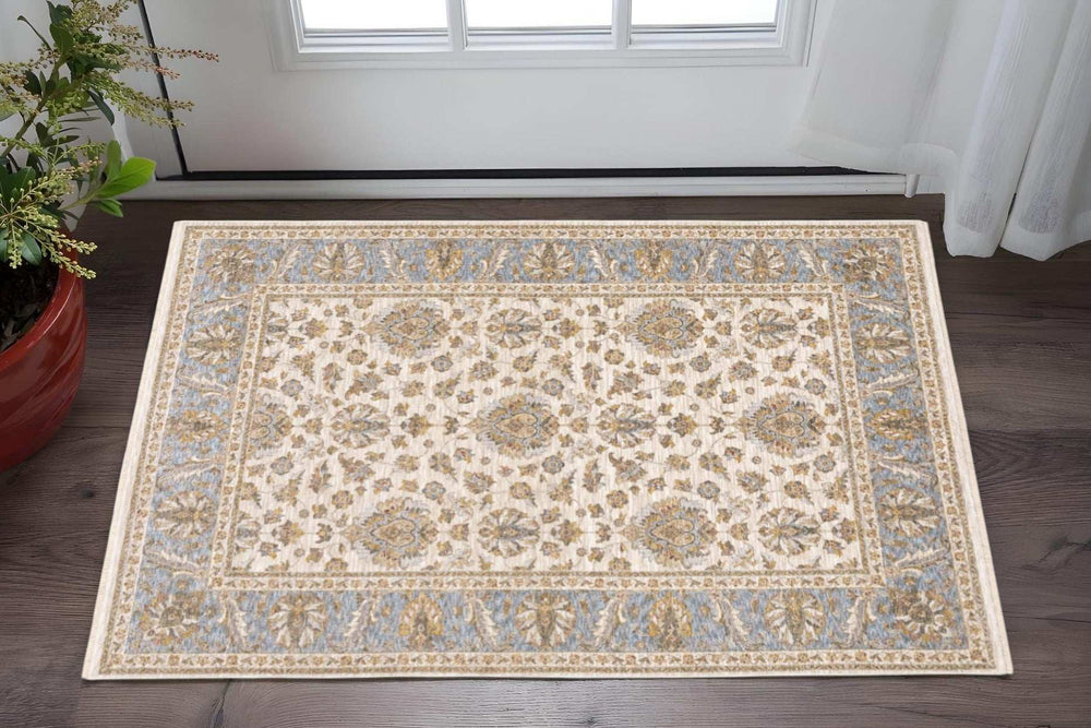 3' X 5' Ivory And Blue Oriental Power Loom Stain Resistant Area Rug With Fringe - Homeroots - Flyclothing LLC
