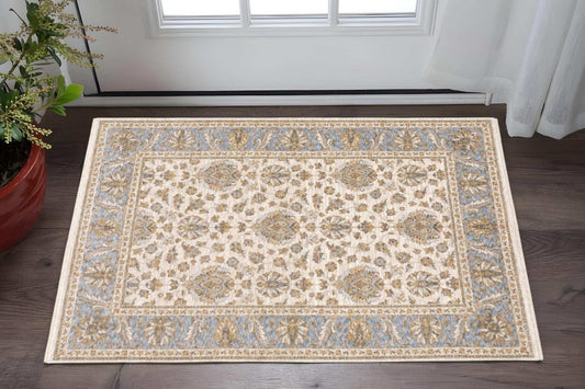 3' X 5' Ivory And Blue Oriental Power Loom Stain Resistant Area Rug With Fringe - Homeroots - Flyclothing LLC