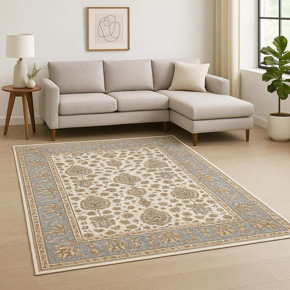 8' X 11' Ivory And Blue Oriental Power Loom Stain Resistant Area Rug With Fringe - Homeroots - Flyclothing LLC