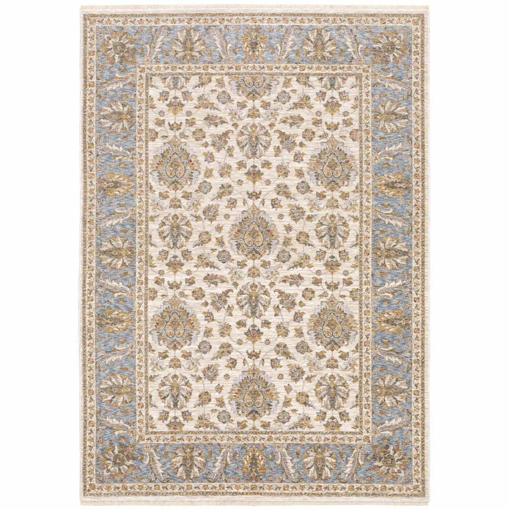 10' X 13' Ivory And Blue Oriental Power Loom Stain Resistant Area Rug With Fringe - Homeroots - Flyclothing LLC
