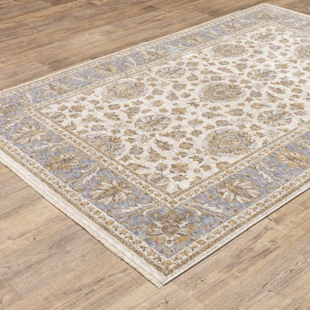 10' X 13' Ivory And Blue Oriental Power Loom Stain Resistant Area Rug With Fringe - Homeroots - Flyclothing LLC