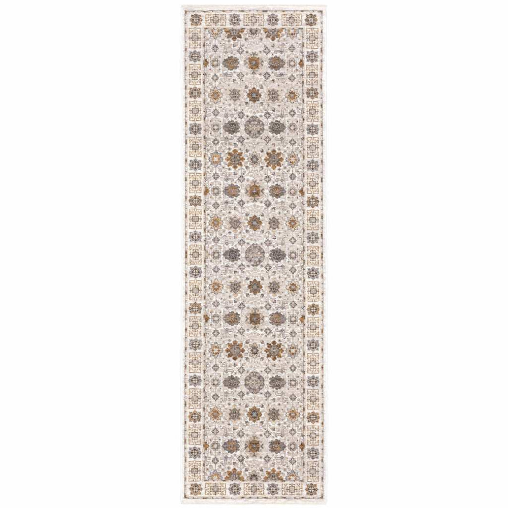 2' X 8' Ivory And Gold Oriental Power Loom Stain Resistant Runner Rug With Fringe - Homeroots - Flyclothing LLC
