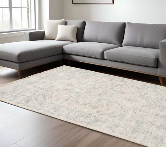 8' X 10' Beige And Grey Oriental Hand Loomed Stain Resistant Area Rug With Fringe - Homeroots - Flyclothing LLC