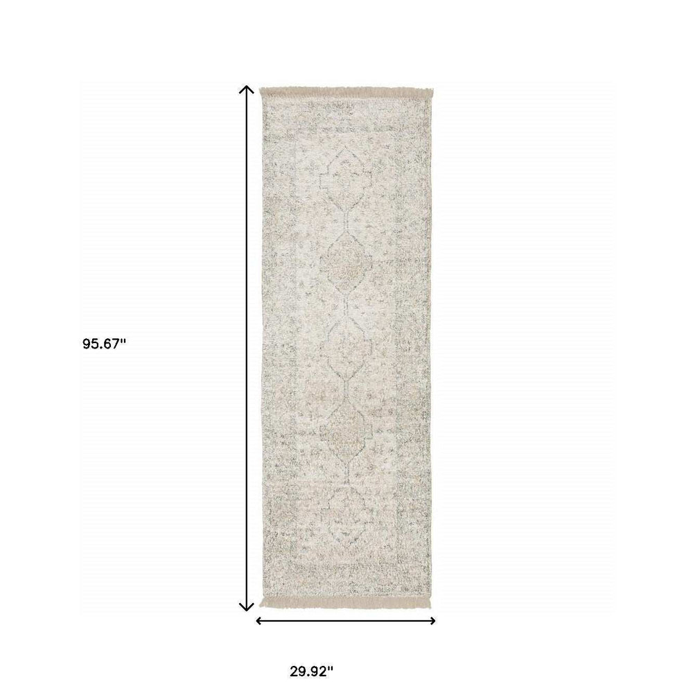 2' X 8' Beige And Charcoal Oriental Hand Loomed Stain Resistant Runner Rug With Fringe - Homeroots - Flyclothing LLC