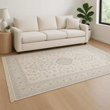8' X 10' Beige And Charcoal Oriental Hand Loomed Stain Resistant Area Rug With Fringe - Homeroots - Flyclothing LLC