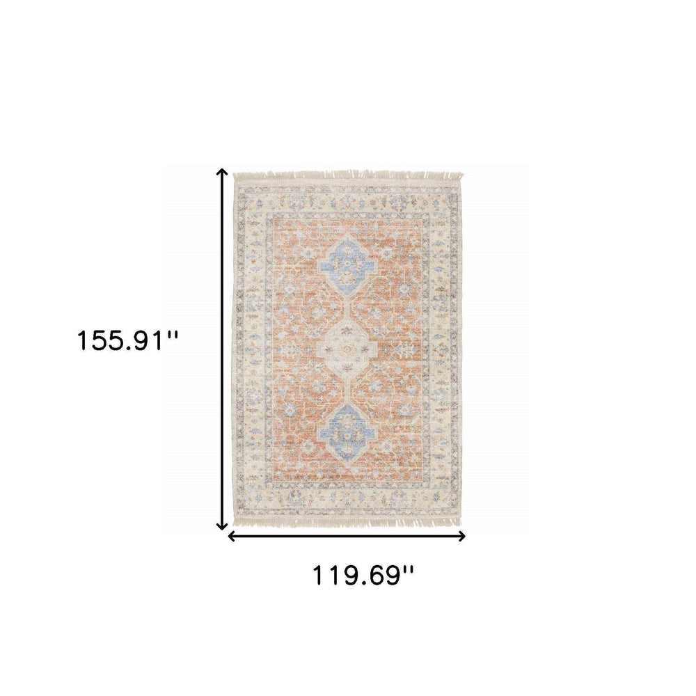 10' X 13' Orange And Blue Oriental Hand Loomed Stain Resistant Area Rug With Fringe - Homeroots - Flyclothing LLC