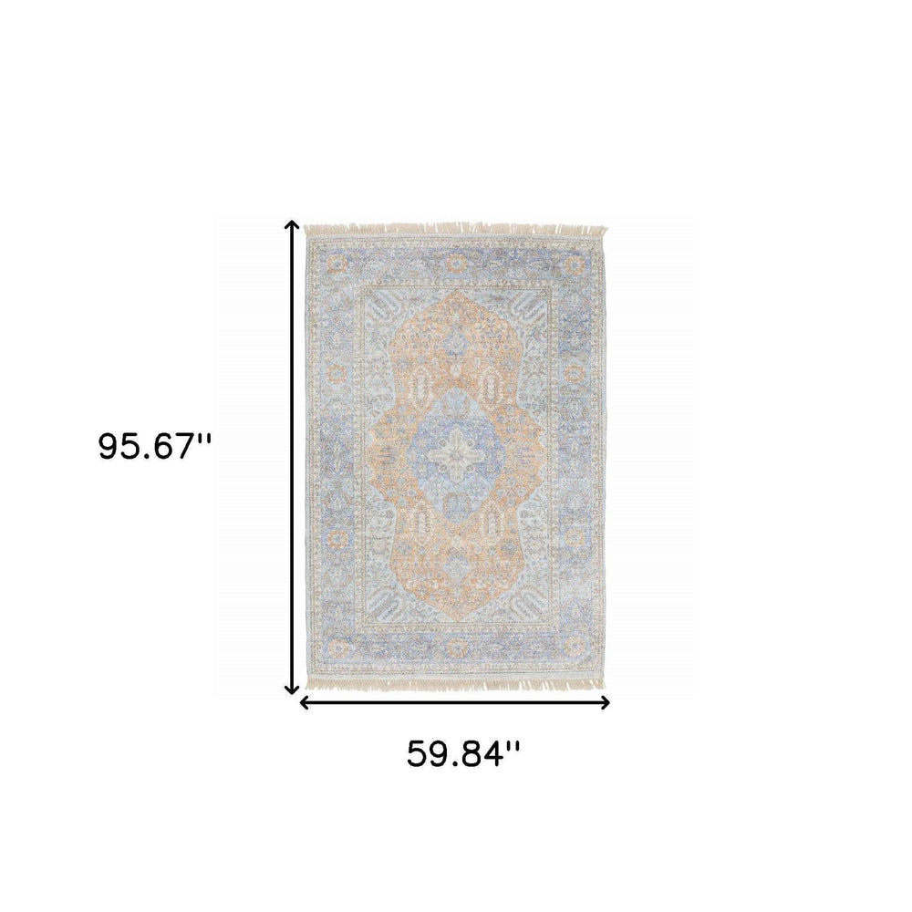 5' X 8' Blue And Red Oriental Hand Loomed Stain Resistant Area Rug With Fringe - Homeroots - Flyclothing LLC