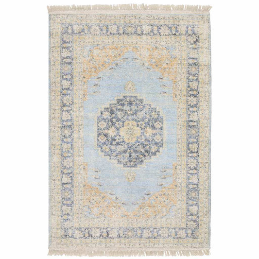 10' X 13' Blue And Beige Oriental Hand Loomed Stain Resistant Area Rug With Fringe - Homeroots - Flyclothing LLC