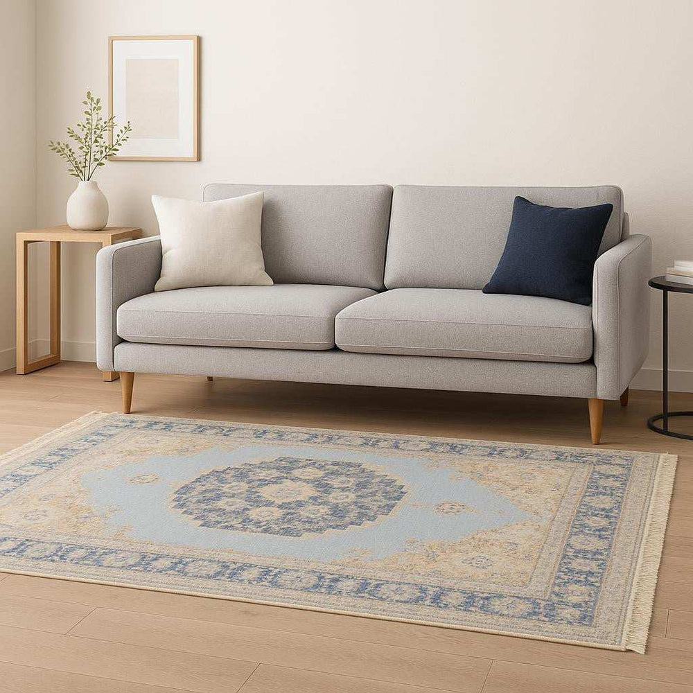 5' X 8' Blue And Beige Oriental Hand Loomed Stain Resistant Area Rug With Fringe - Homeroots - Flyclothing LLC