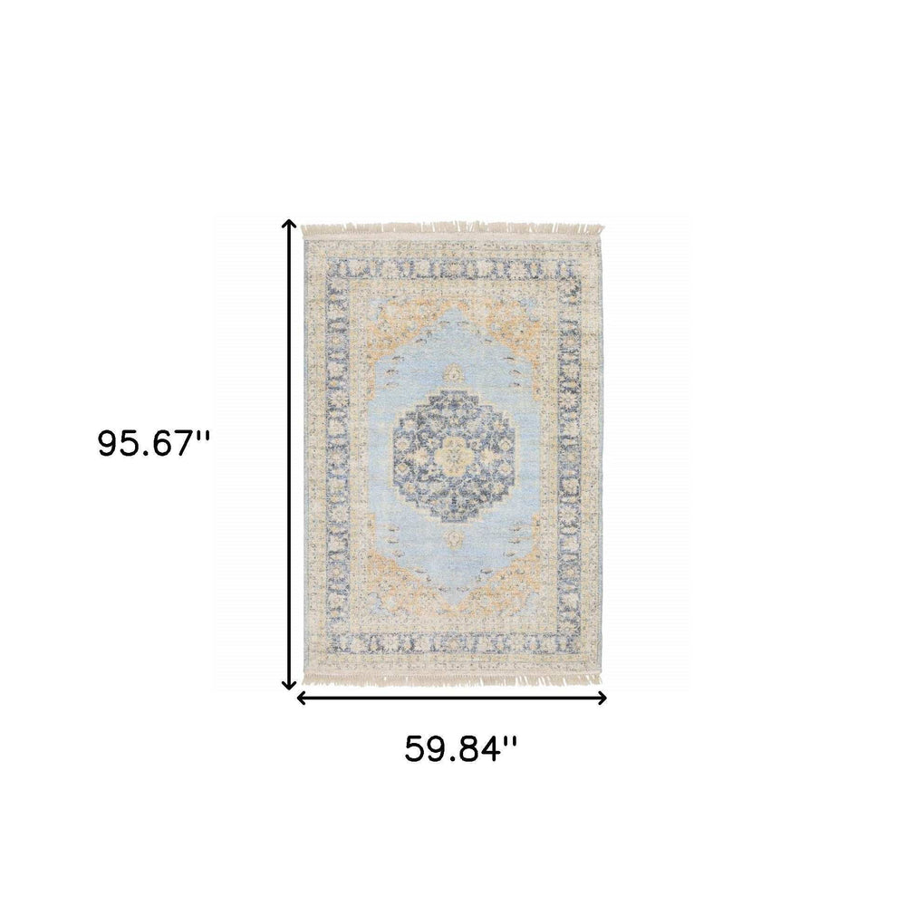 5' X 8' Blue And Beige Oriental Hand Loomed Stain Resistant Area Rug With Fringe - Homeroots - Flyclothing LLC