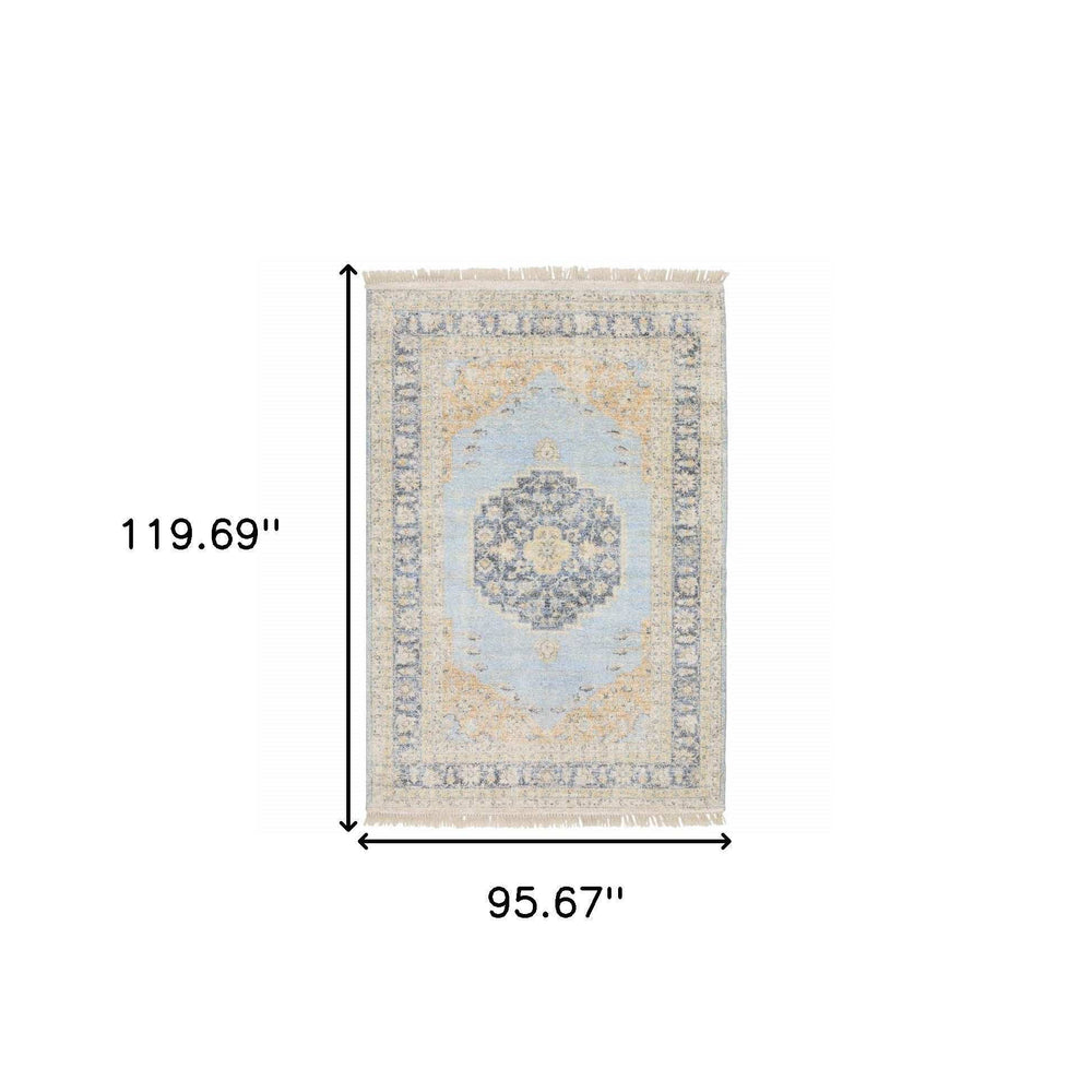 8' X 10' Blue And Beige Oriental Hand Loomed Stain Resistant Area Rug With Fringe - Homeroots - Flyclothing LLC