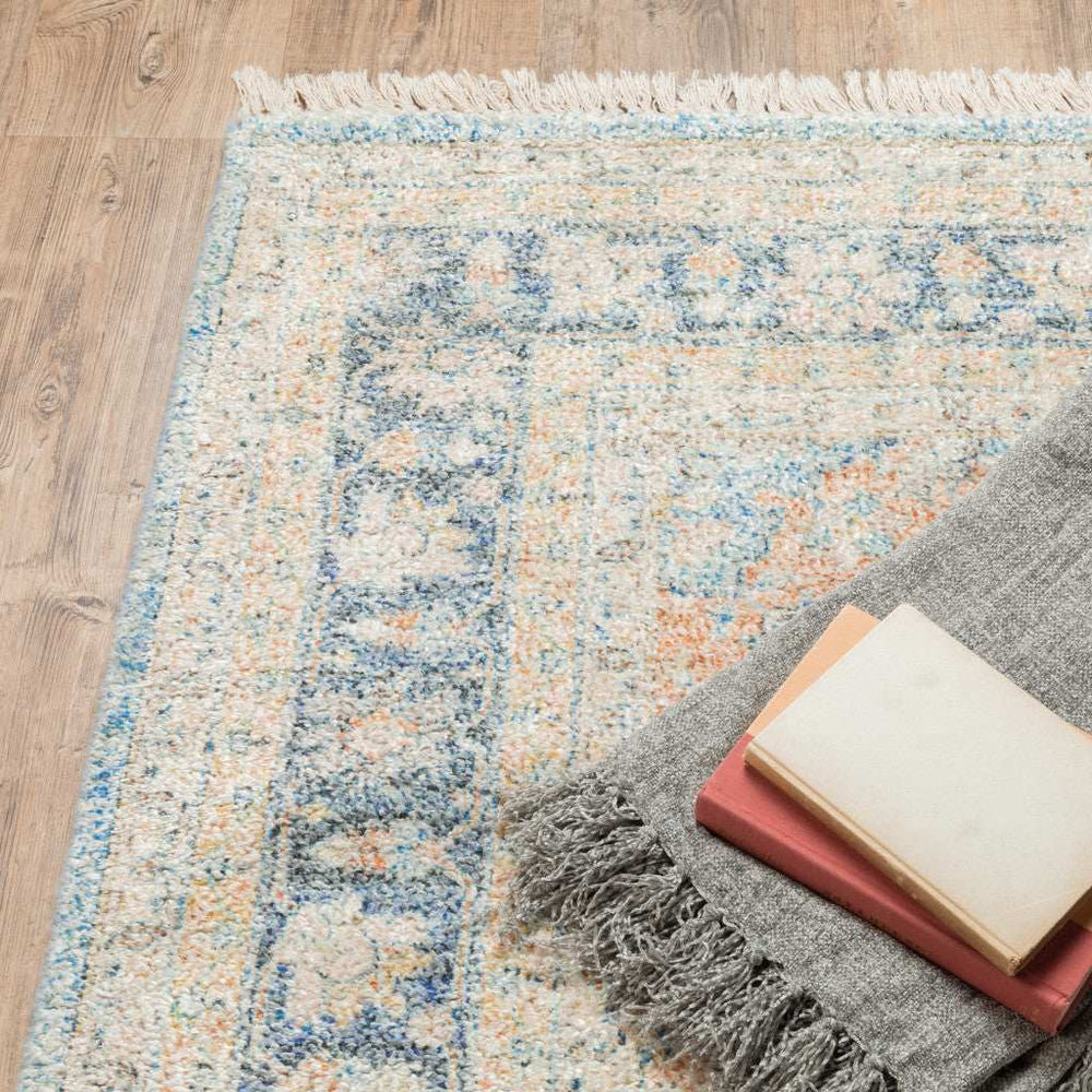 8' X 10' Blue And Beige Oriental Hand Loomed Stain Resistant Area Rug With Fringe - Homeroots - Flyclothing LLC