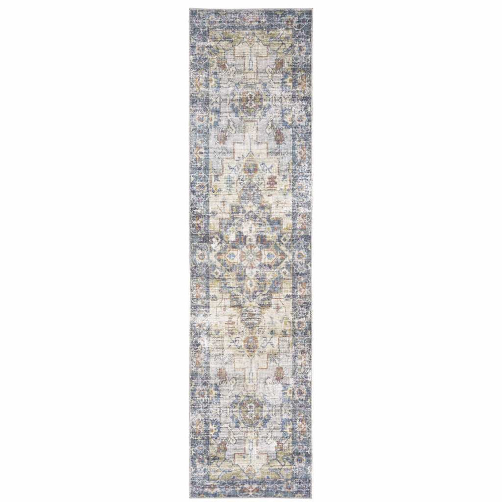 2' X 8' Blue Gold Grey Orange Yellow And Purple Oriental Power Loom Stain Resistant Runner Rug - Homeroots - Flyclothing LLC