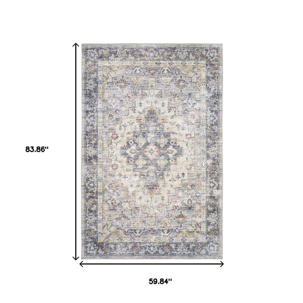5' X 7' Blue Gold Grey Orange Yellow And Purple Oriental Power Loom Stain Resistant Area Rug - Homeroots - Flyclothing LLC