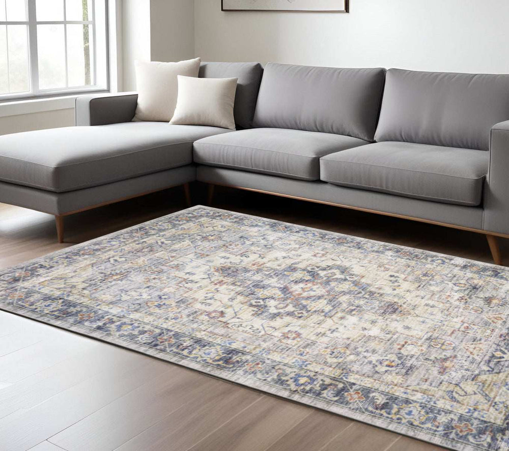 8' X 10' Blue Gold Grey Orange Yellow And Purple Oriental Power Loom Stain Resistant Area Rug - Homeroots - Flyclothing LLC
