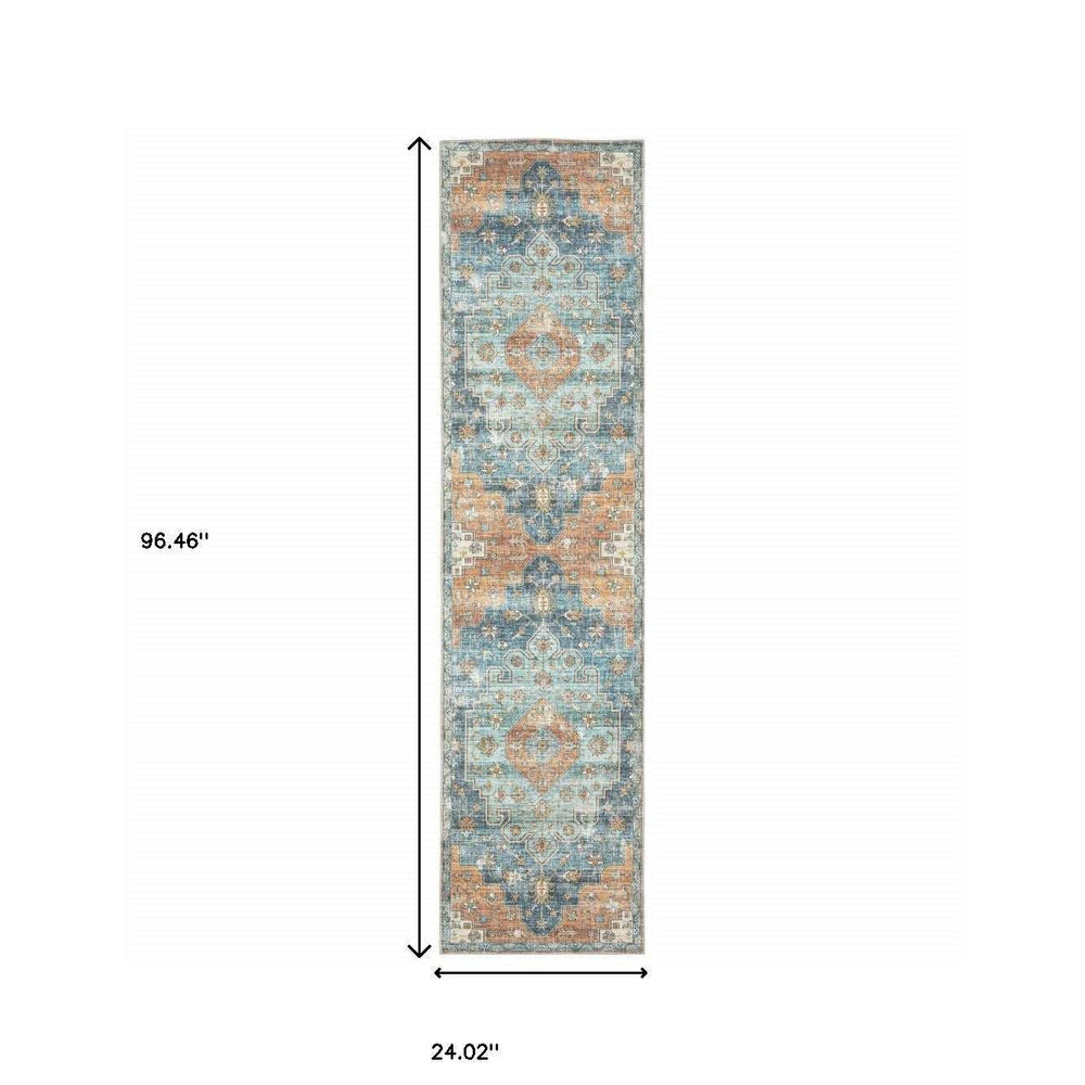 2' X 8' Orange Blue Teal Green And Beige Oriental Power Loom Stain Resistant Runner Rug - Homeroots - Flyclothing LLC