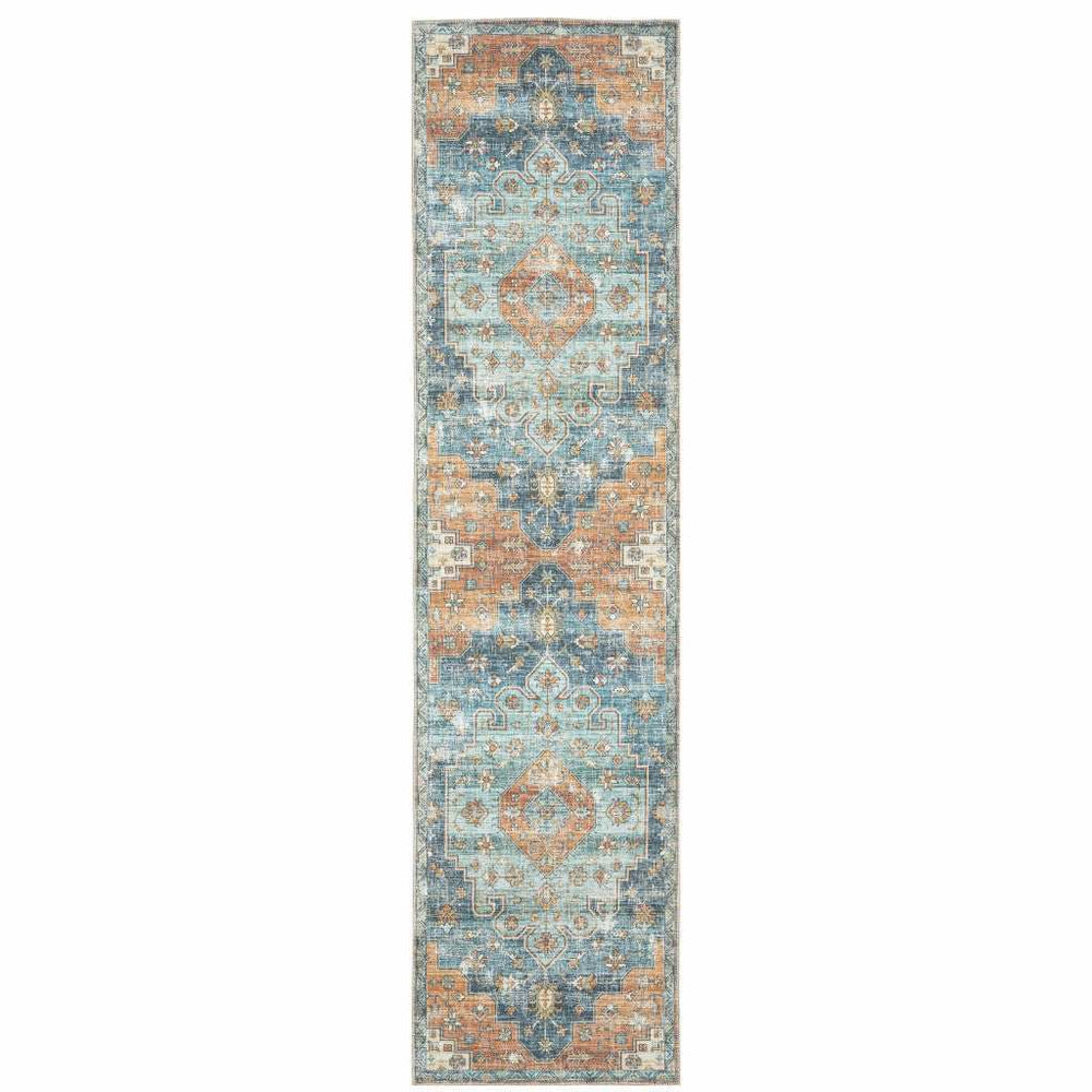 2' X 8' Orange Blue Teal Green And Beige Oriental Power Loom Stain Resistant Runner Rug - Homeroots - Flyclothing LLC