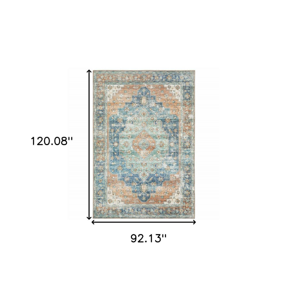 8' X 10' Orange Blue Teal Green And Beige Oriental Power Loom Stain Resistant Area Rug - Homeroots - Flyclothing LLC