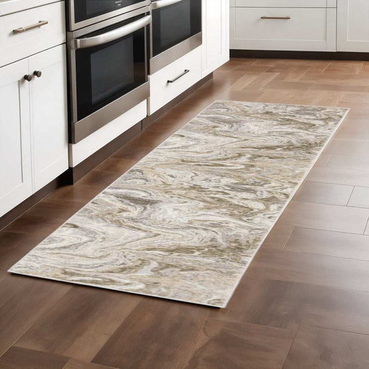 2' X 8' Ivory Tan Beige Grey And Brown Abstract Power Loom Stain Resistant Runner Rug - Homeroots - Flyclothing LLC