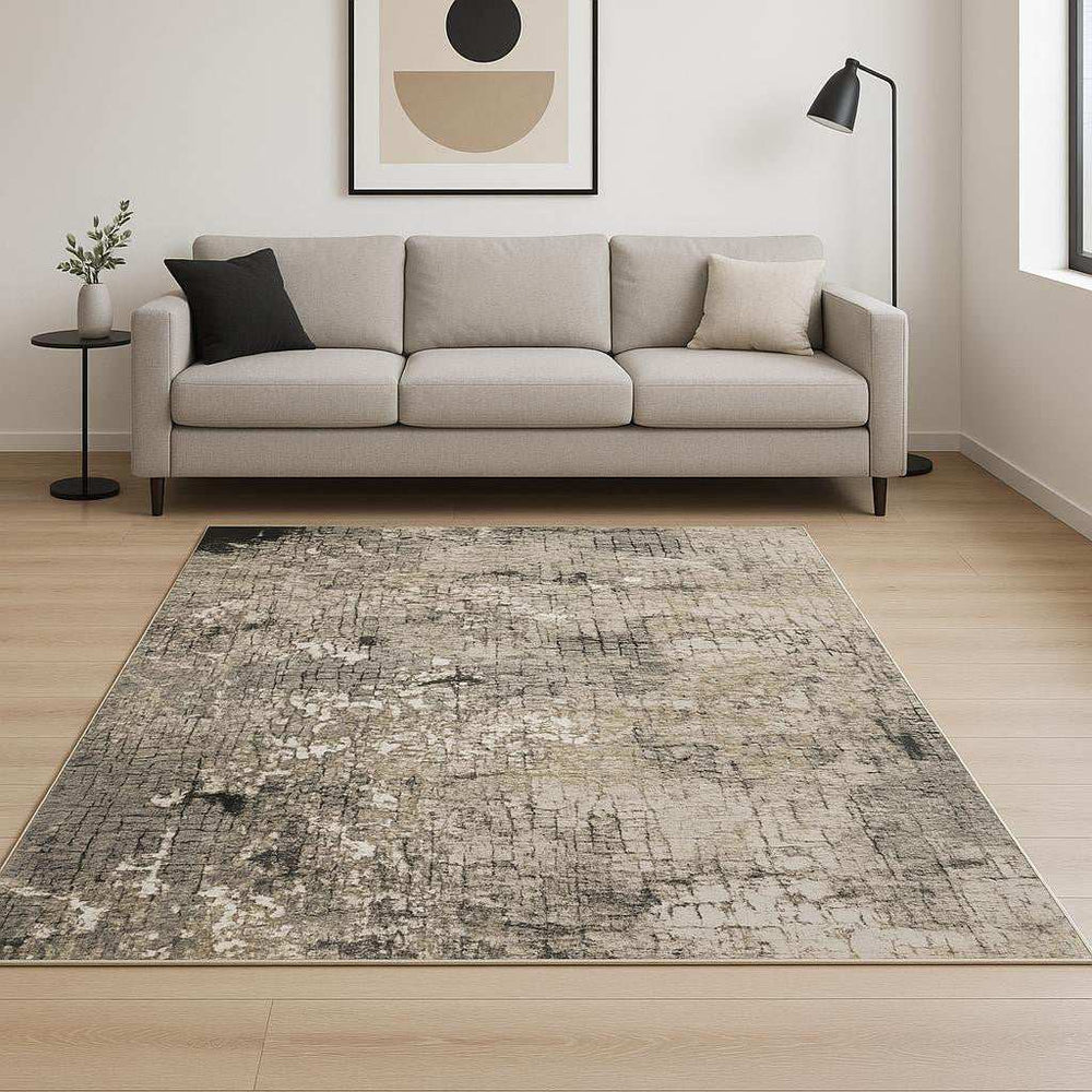 6' X 9' Grey Ivory Beige Charcoal Black Tan And Brown Abstract Power Loom Stain Resistant Area Rug - Homeroots - Flyclothing LLC