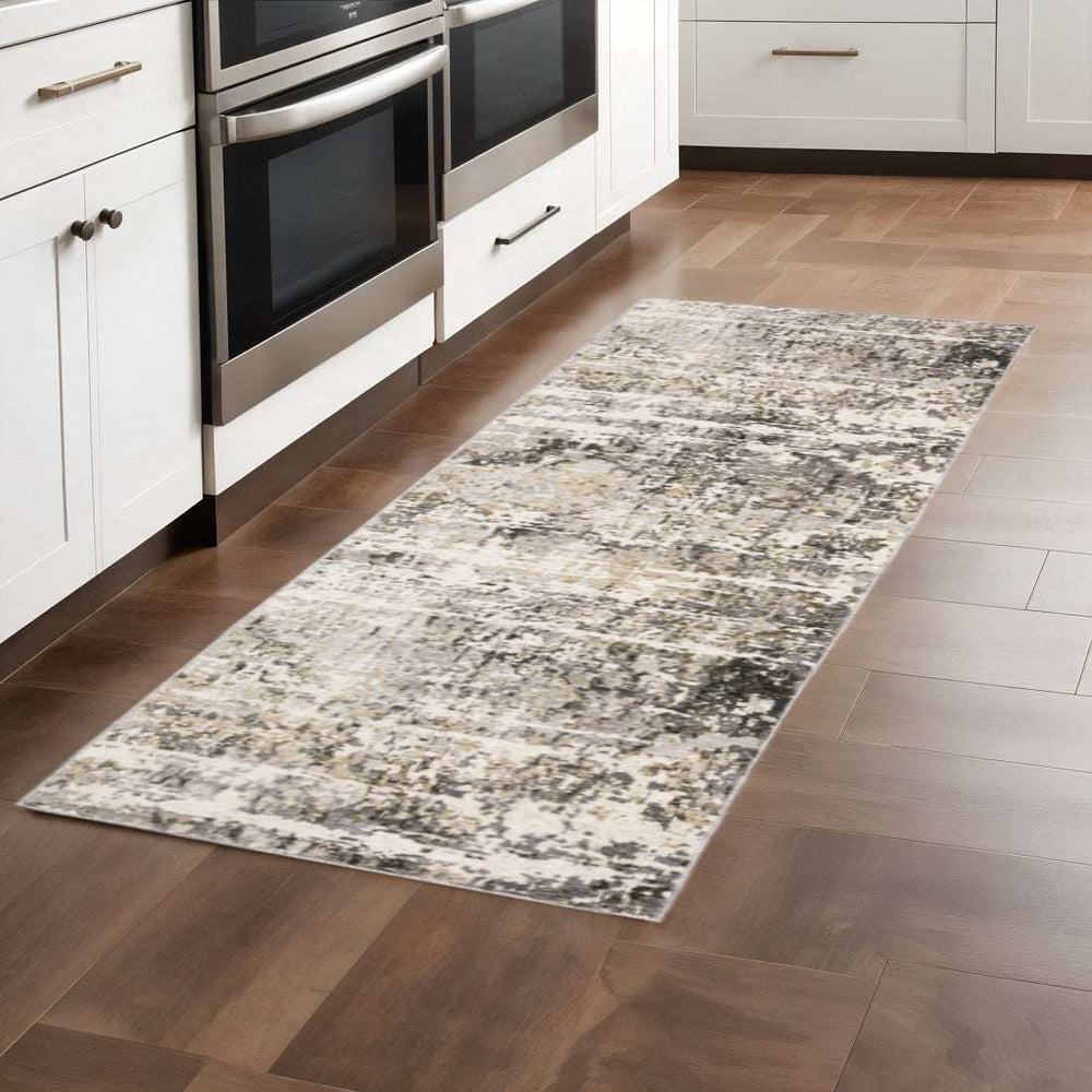 2' X 8' Grey Ivory Beige Charcoal Black Tan And Brown Abstract Power Loom Stain Resistant Runner Rug - Homeroots - Flyclothing LLC