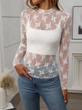 Floral Mock Neck Long Sleeve Mesh Top - Trendsi - Flyclothing LLC
