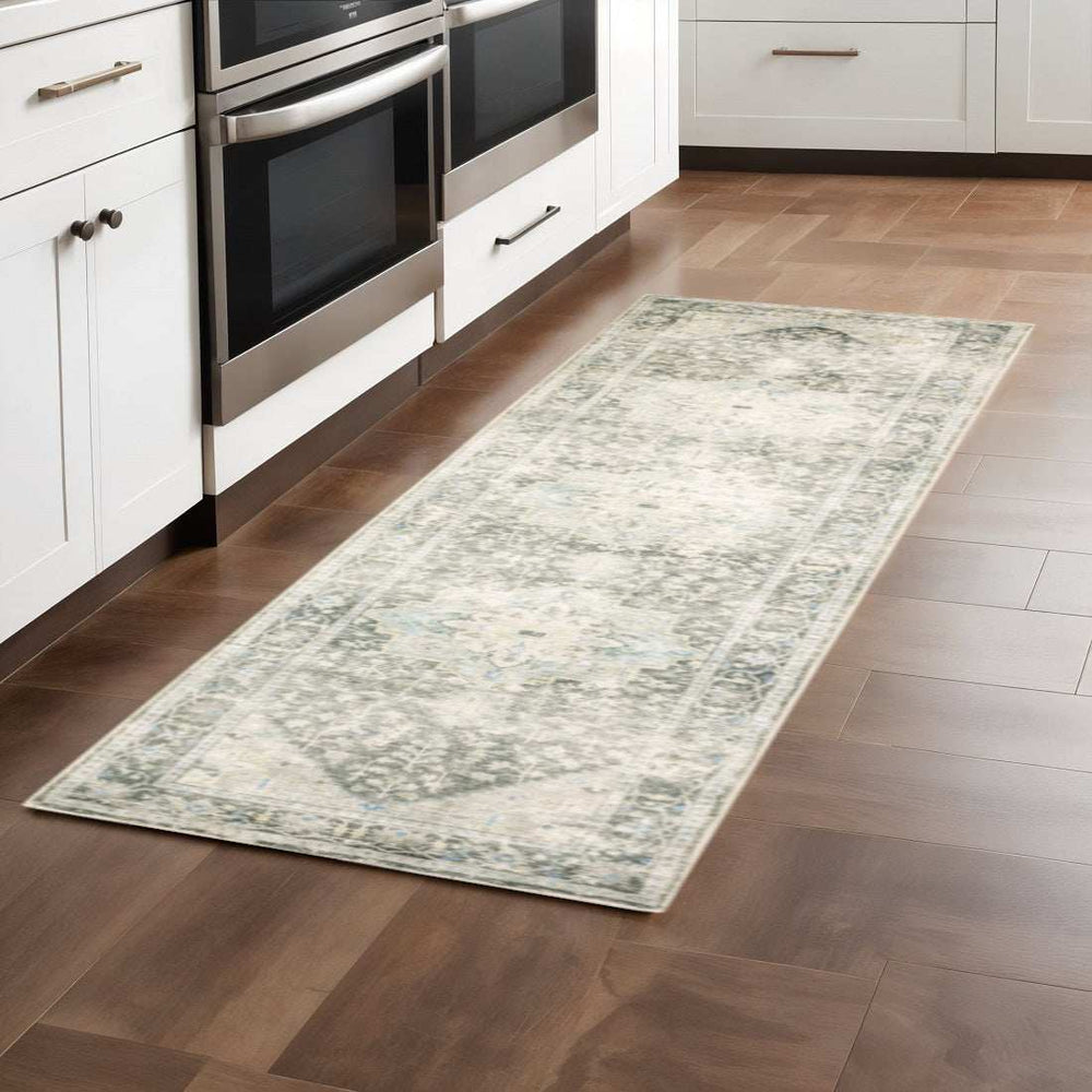 2' X 8' Grey Ivory And Blue Oriental Power Loom Stain Resistant Runner Rug - Homeroots - Flyclothing LLC