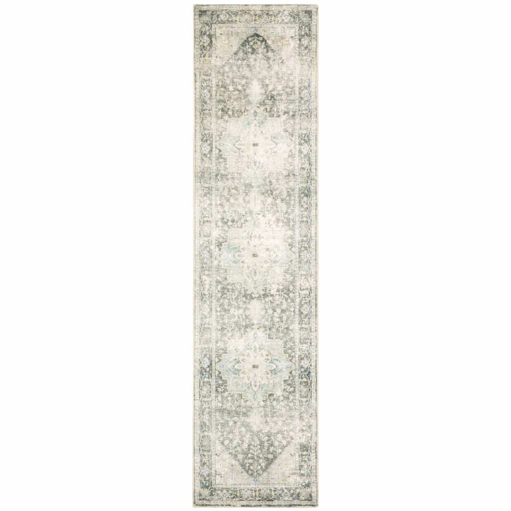 2' X 8' Grey Ivory And Blue Oriental Power Loom Stain Resistant Runner Rug - Homeroots - Flyclothing LLC