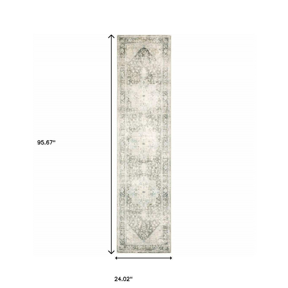 2' X 8' Grey Ivory And Blue Oriental Power Loom Stain Resistant Runner Rug - Homeroots - Flyclothing LLC