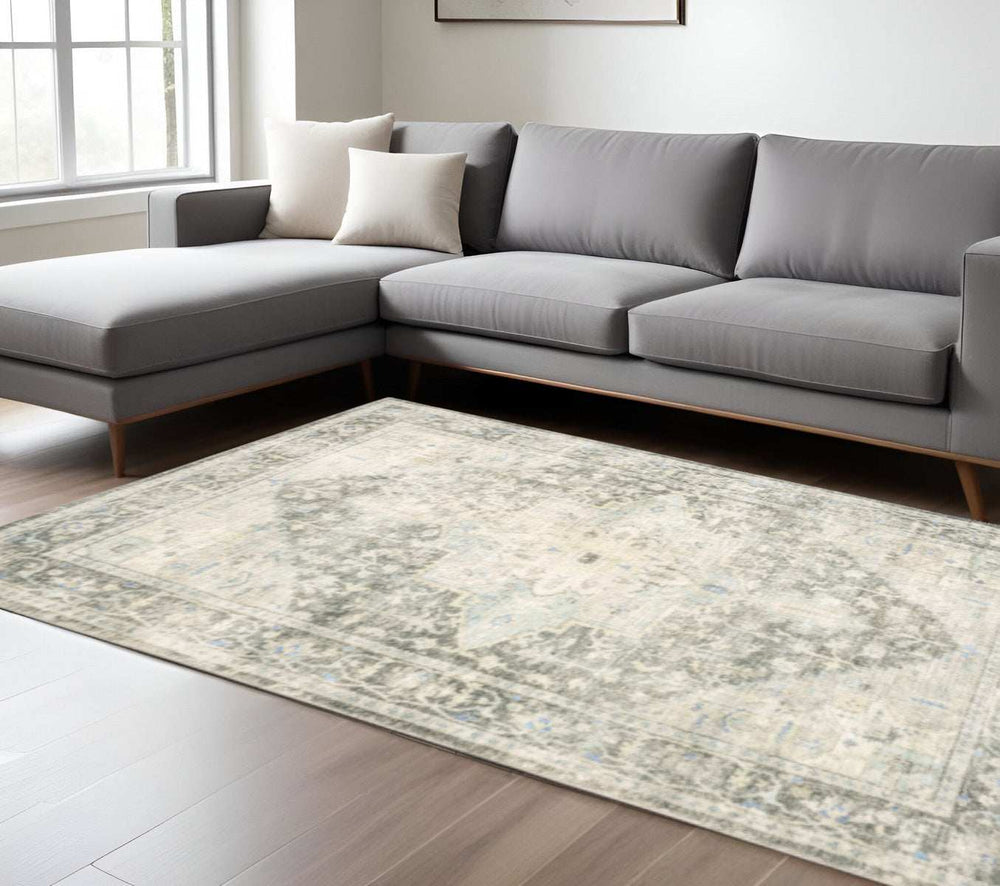 8' X 10' Grey Ivory And Blue Oriental Power Loom Stain Resistant Area Rug - Homeroots - Flyclothing LLC