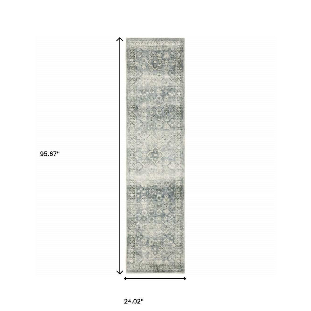 2' X 8' Blue Ivory And Grey Oriental Power Loom Stain Resistant Runner Rug - Homeroots - Flyclothing LLC