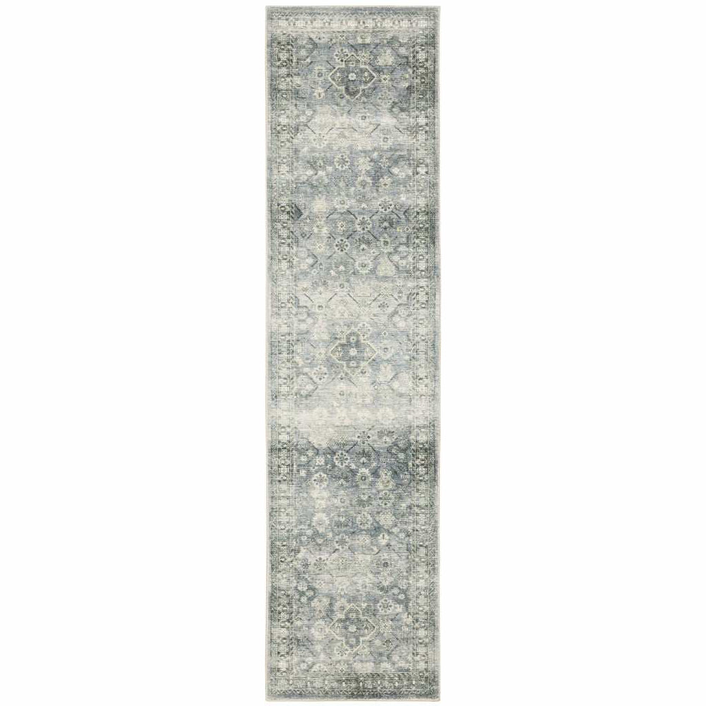 2' X 8' Blue Ivory And Grey Oriental Power Loom Stain Resistant Runner Rug - Homeroots - Flyclothing LLC
