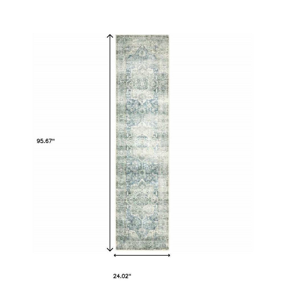 2' X 8' Grey Blue And Ivory Oriental Power Loom Stain Resistant Runner Rug - Homeroots - Flyclothing LLC