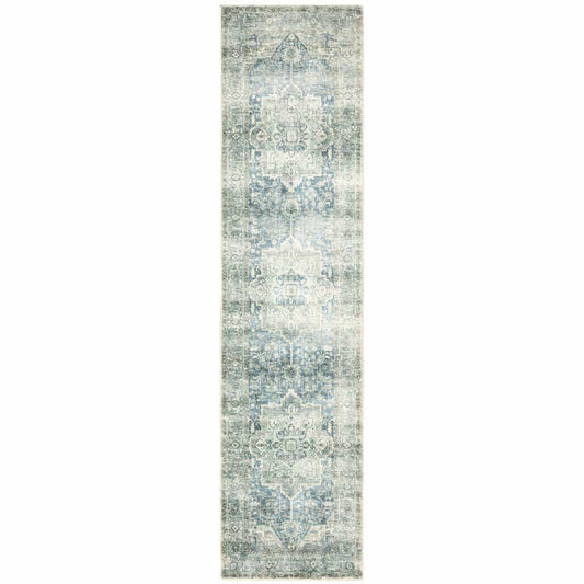 2' X 8' Grey Blue And Ivory Oriental Power Loom Stain Resistant Runner Rug - Homeroots - Flyclothing LLC
