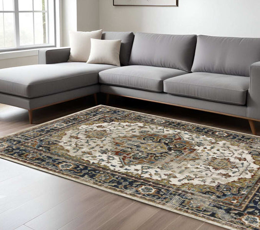 8' X 10' Beige Blue Green Rust And Grey Oriental Power Loom Stain Resistant Area Rug - Homeroots - Flyclothing LLC