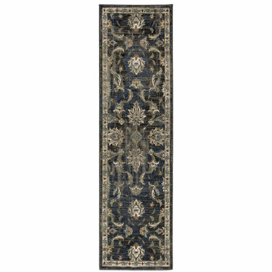 2' X 8' Charcoal Blue Gold Rust And Beige Oriental Power Loom Stain Resistant Runner Rug - Homeroots - Flyclothing LLC