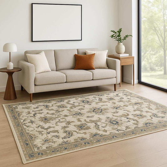 5' X 7' Beige Gold Blue And Grey Oriental Power Loom Stain Resistant Area Rug - Homeroots - Flyclothing LLC