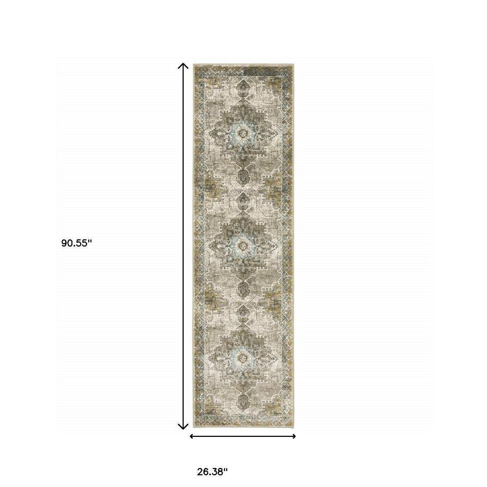 2' X 8' Grey Blue Beige And Gold Oriental Power Loom Stain Resistant Runner Rug - Homeroots - Flyclothing LLC