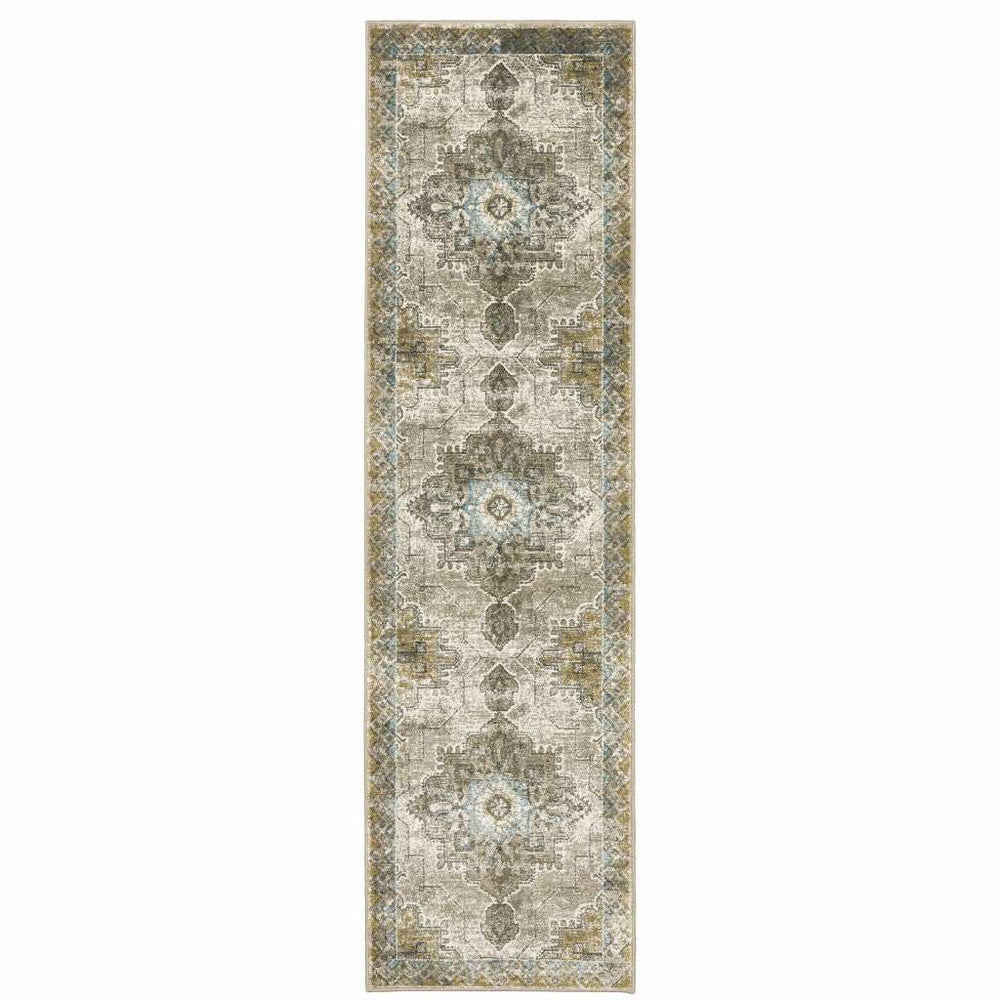 2' X 8' Grey Blue Beige And Gold Oriental Power Loom Stain Resistant Runner Rug - Homeroots - Flyclothing LLC
