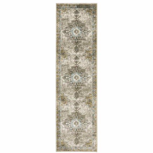 2' X 8' Grey Blue Beige And Gold Oriental Power Loom Stain Resistant Runner Rug - Homeroots - Flyclothing LLC