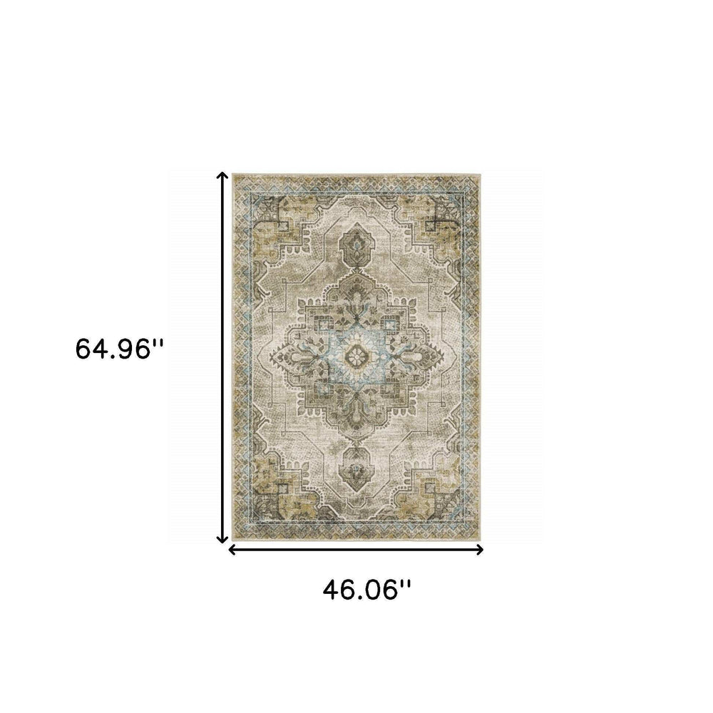 4' X 6' Grey Blue Beige And Gold Oriental Power Loom Stain Resistant Area Rug - Homeroots - Flyclothing LLC