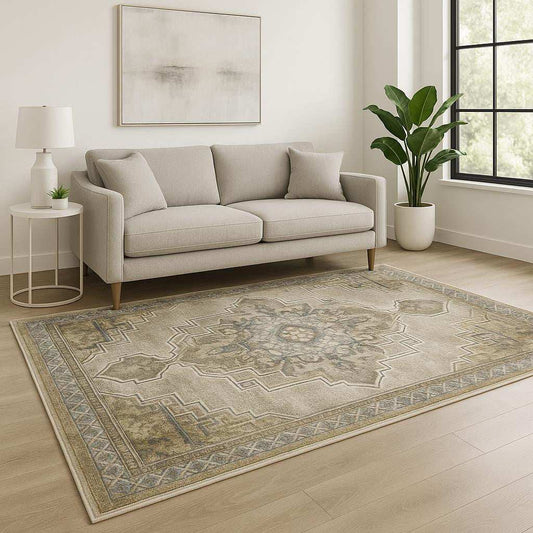 5' X 7' Grey Blue Beige And Gold Oriental Power Loom Stain Resistant Area Rug - Homeroots - Flyclothing LLC