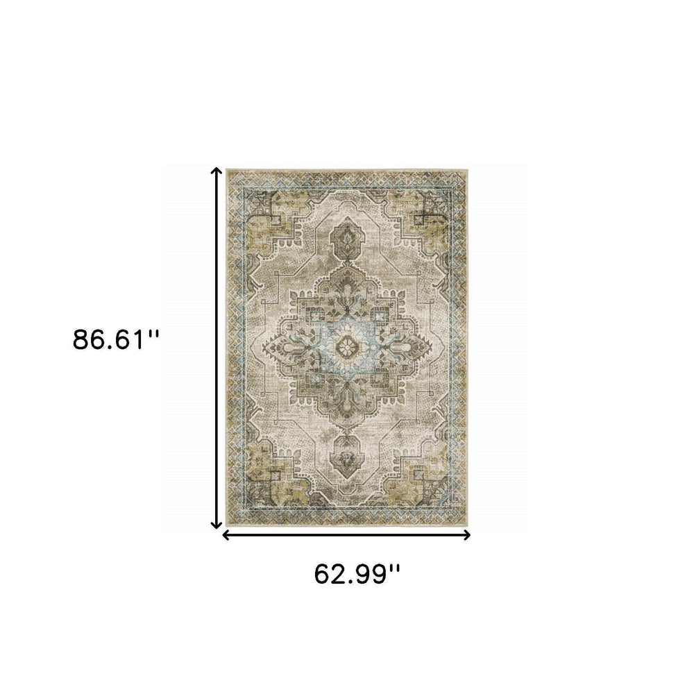 5' X 7' Grey Blue Beige And Gold Oriental Power Loom Stain Resistant Area Rug - Homeroots - Flyclothing LLC