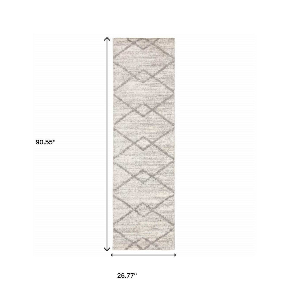 2' X 8' Ivory And Grey Geometric Shag Power Loom Stain Resistant Runner Rug - Homeroots - Flyclothing LLC